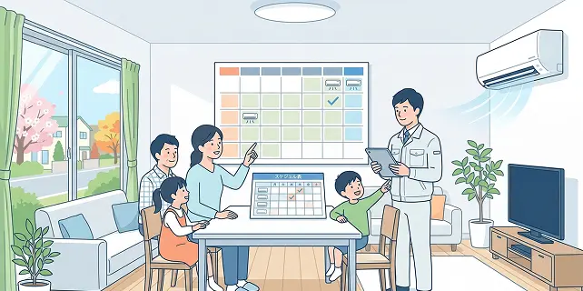 繁忙期前に家族が落ち着いて設置相談をしているイメージ