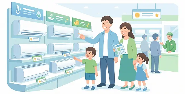 家電量販店で家族がエアコンを選んでいるイメージ